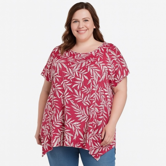 Woman Within Tops - Woman Within Plus Size 3X Women’s Top 30W 32W Red Tropical Floral Print Cotton